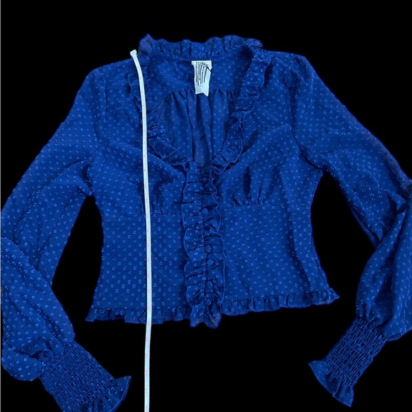 Free People royal blue Swiss dot chiffon ruffle balloon sleeve blouse S NWOT - Picture 4 of 4